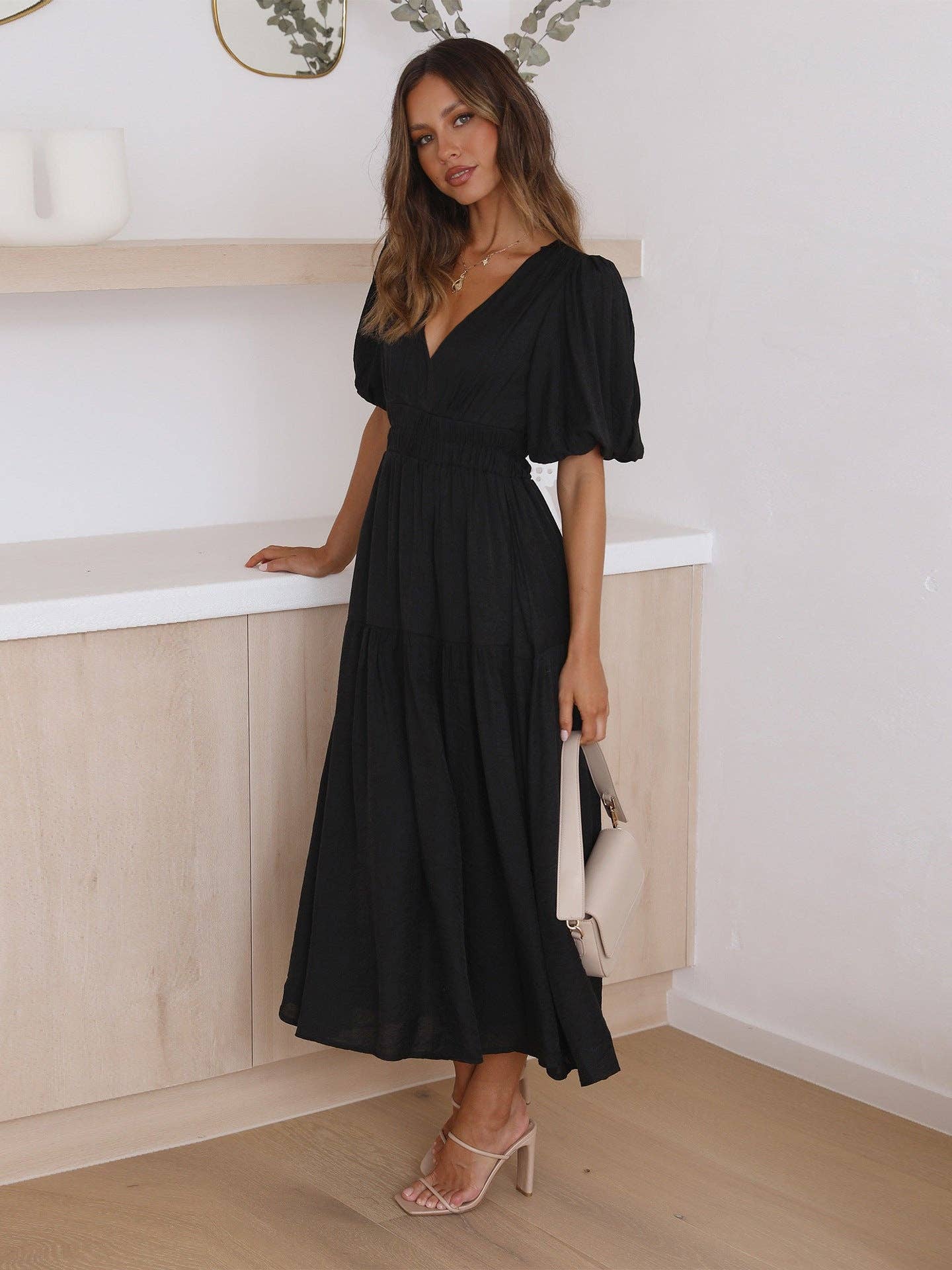 Ladies Bubble Sleeves V-Neck Daily Midi Dress