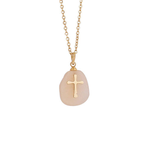 Natural Stone Stainless Steel Cross Pendant Necklace - CS: 3# White