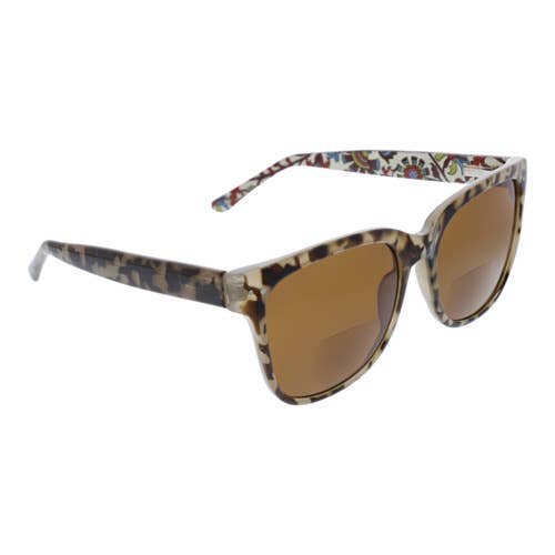 Sunglasses with patterned frame and brown lenses on a white background
