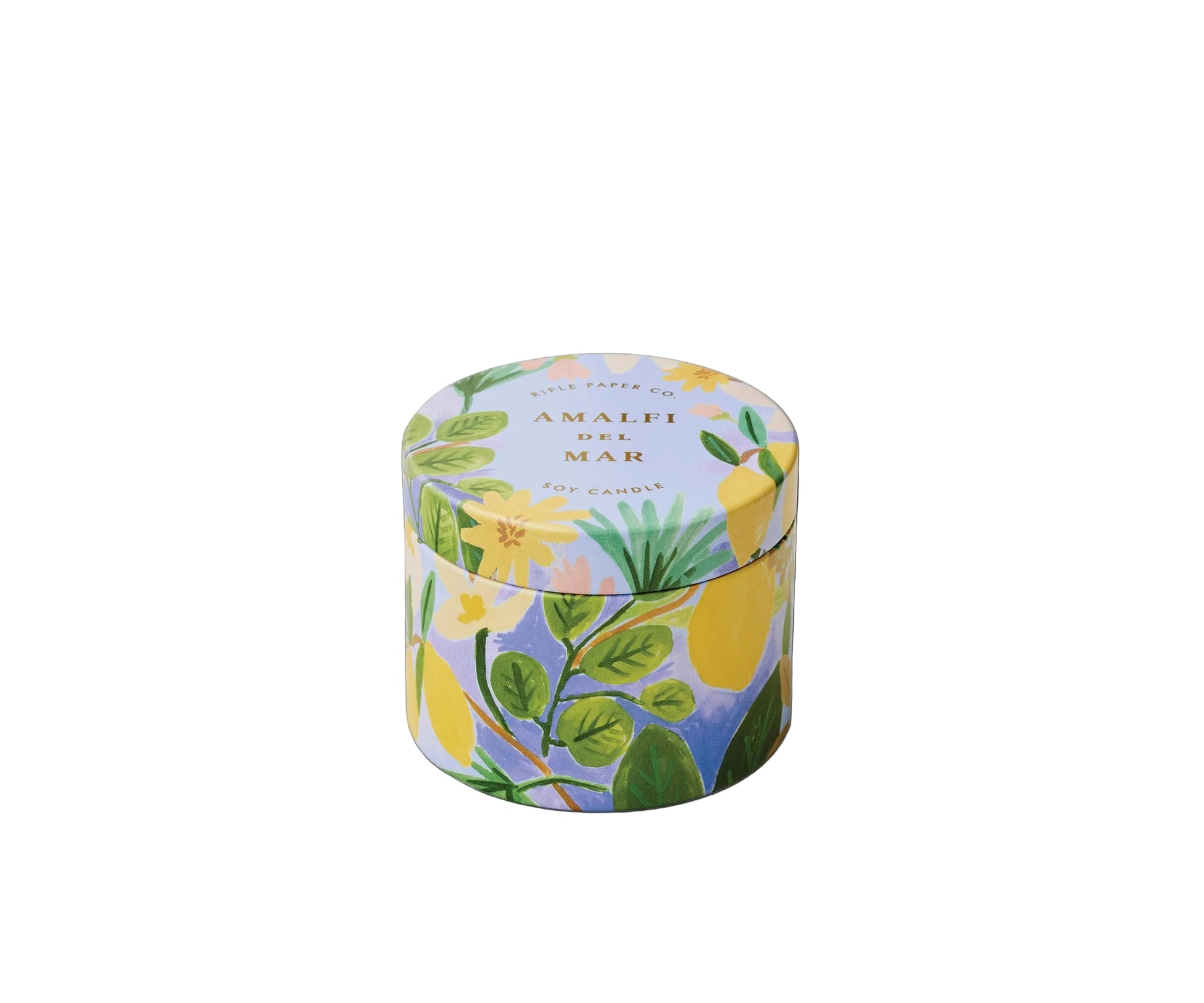 Round decorative tin with lemon and leaf design on a white background