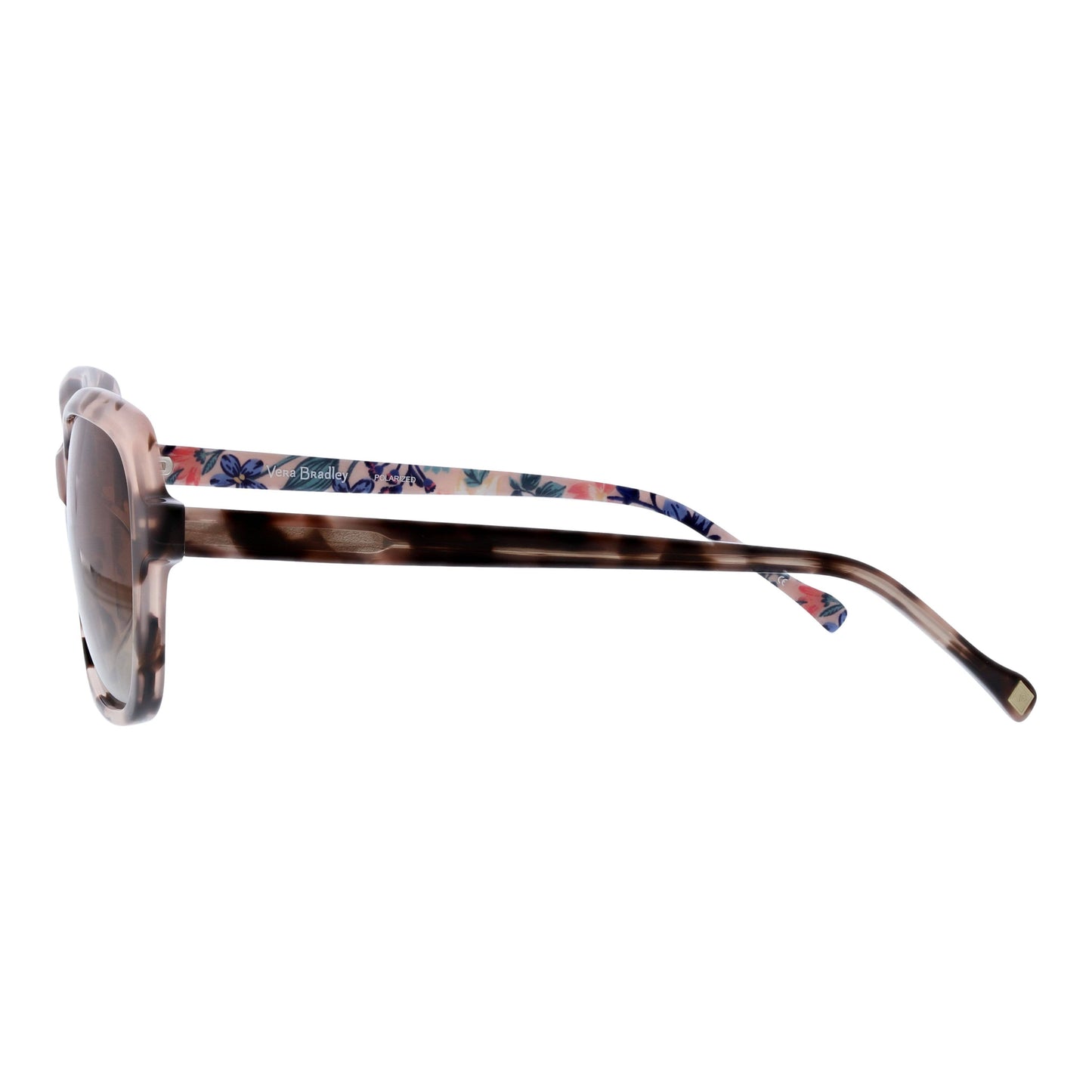 Sunglasses with floral patterned arm on a white background