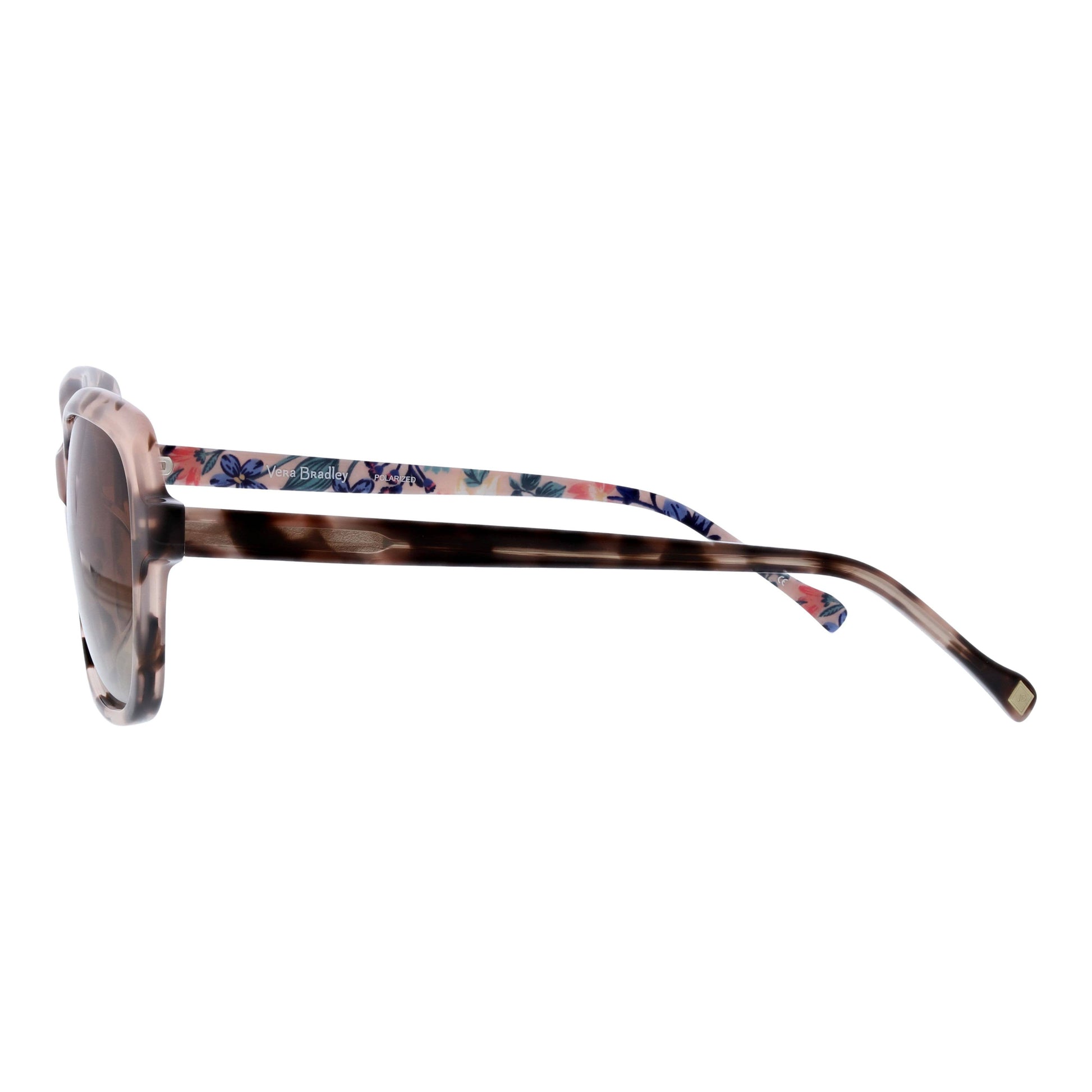 Sunglasses with floral patterned arm on a white background