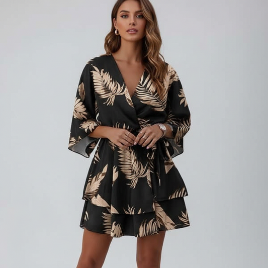 Woman wearing a black dress with beige leaf patterns on a plain background