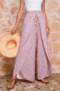 Pink Floral Shirred Side Slit Wide Leg Pants