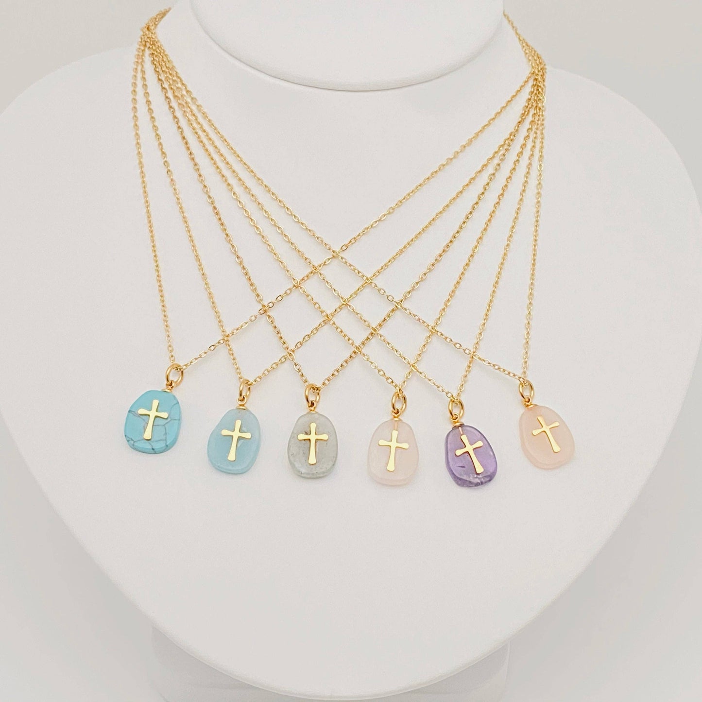 Natural Stone Stainless Steel Cross Pendant Necklace - CS: 5# Green